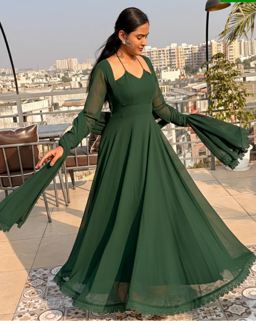 bottle-green-backless-georgette-anarkali-set-with-halter-dori-lace-accents