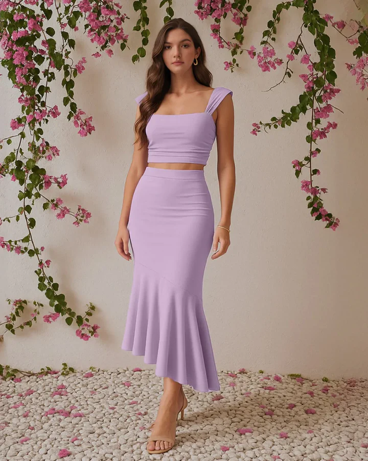 ruched-crop-top-asymmetric-hem-skirt-set-in-lilac
