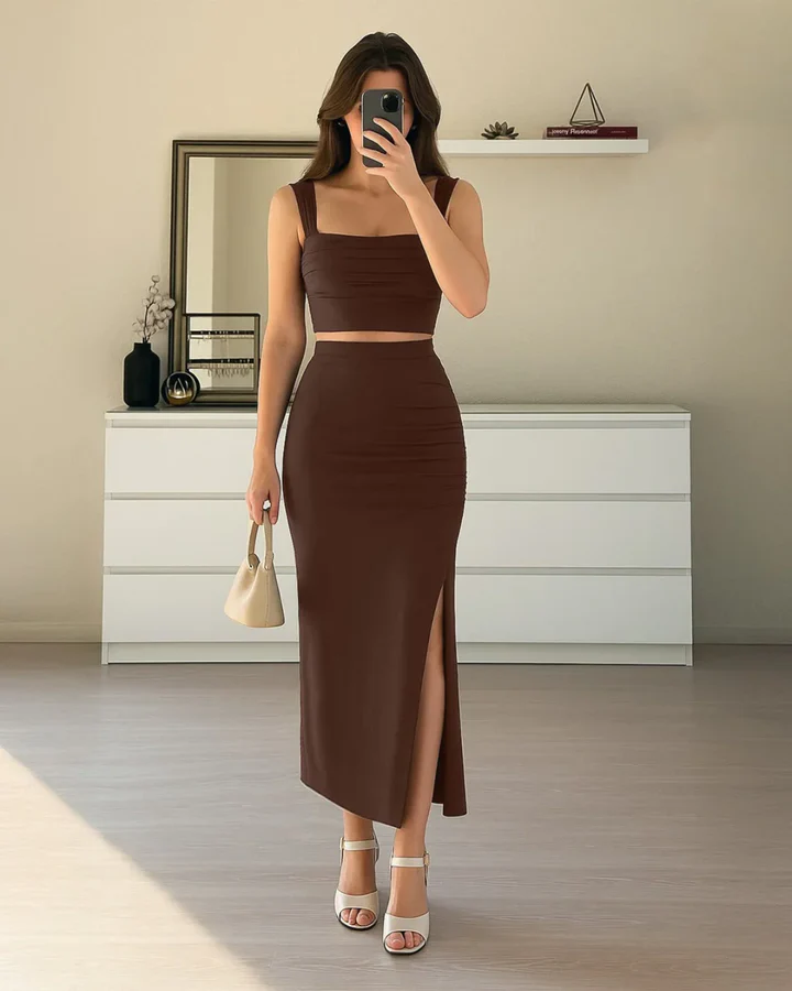 set-of-two-crop-top-with-high-waisted-side-split-skirt-in-brown