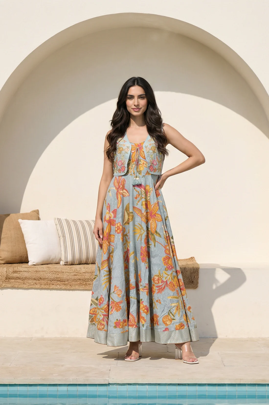 blue-embroidered-cotton-blend-flared-dress-and-gillet-set