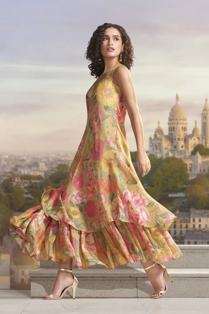 yellow-floral-printed-flared-dress
