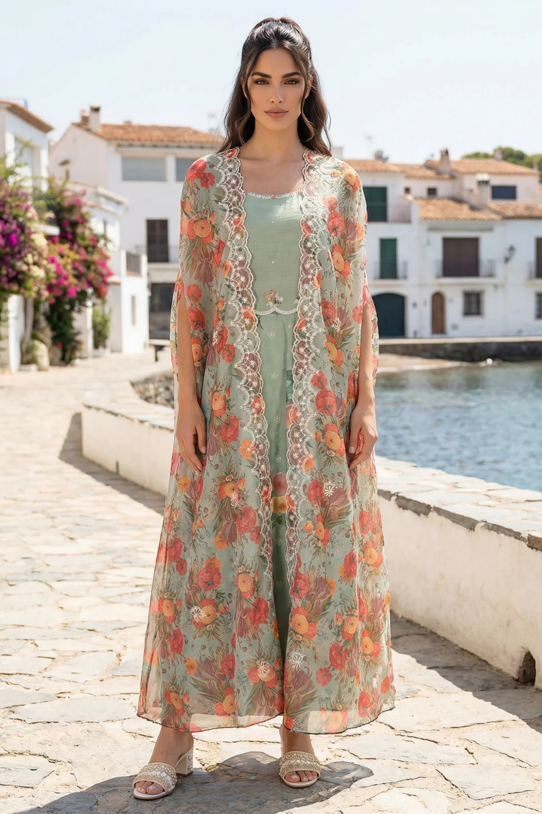 sea-green-thread-embroidered-chanderi-flared-dress-with-floral-printed-cape-set